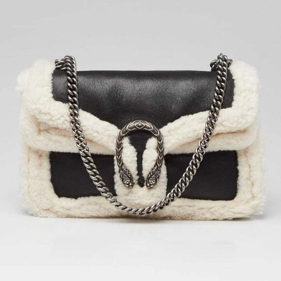 Gucci Black Leather and Shearling Dionysus Medium Shoulder Bag - Picture 1 of 10